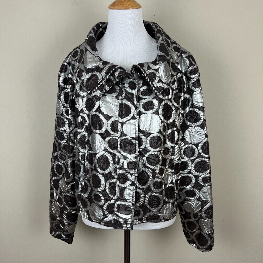 Joseph Ribkoff Jacket Womens 10 Silver Brown Metallic Full Zip Oversized Collar‎